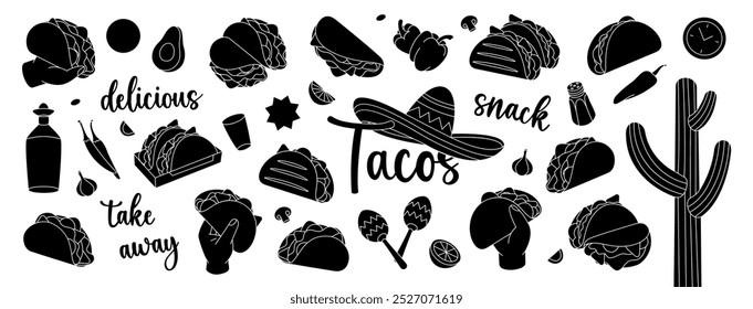 Black tacos set. Takeaway snack. Traditional Mexican street fast food. Vector illustration