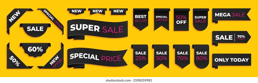 Black tag collection featuring sale and new labels. Includes red scrolls, banners, discount ribbons, shopping tags, and promotional icons.