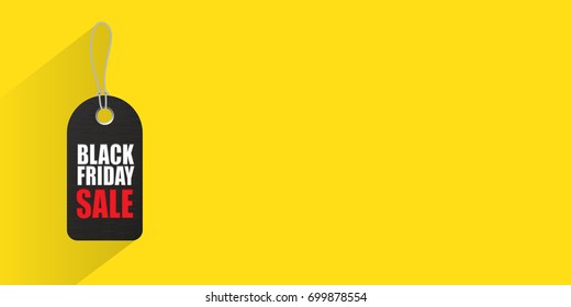 Black tag with Black Friday Sale text on yellow background. Vector illustration. Black Friday Sale promotion template.