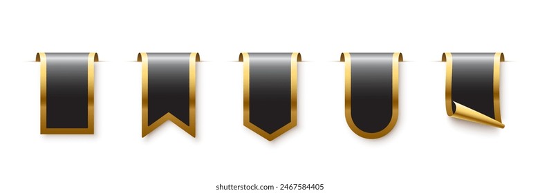 Black tag with golden frame set vector icons. Sales promotion banners, labels, ribbons collection for online shopping. 3d realistic web element for promotion, discount, best seller product on white.