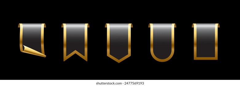 Black tag with golden frame set vector icons. Sales promotion banners, labels, ribbons collection for online shopping. 3d realistic web element for promotion, discount, best seller product on black.
