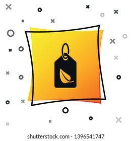 Black Tag with leaf symbol icon isolated on white background. Banner, label, tag, logo, sticker for eco green. Yellow square button. Vector Illustration