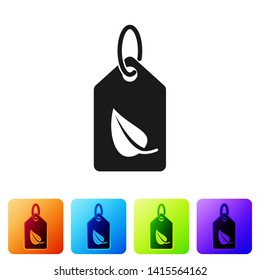 Black Tag with leaf symbol icon isolated on white background. Banner, label, tag, logo, sticker for eco green. Set icon in color square buttons. Vector Illustration