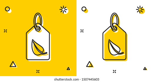 Black Tag with leaf symbol icon isolated on yellow and white background. Banner, label, tag, logo, sticker for eco green. Random dynamic shapes. Vector Illustration