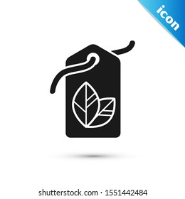 Black Tag with leaf symbol icon isolated on white background. Banner, label, tag, logo, sticker for eco green.  Vector Illustration