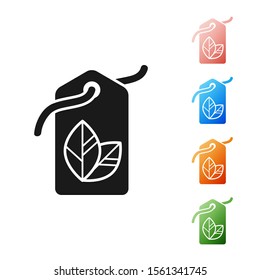 Black Tag with leaf symbol icon isolated on white background. Banner, label, tag, logo, sticker for eco green. Set icons colorful. Vector Illustration