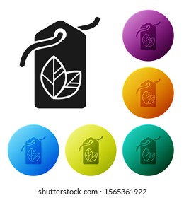 Black Tag with leaf symbol icon isolated on white background. Banner, label, tag, logo, sticker for eco green. Set icons colorful circle buttons. Vector Illustration