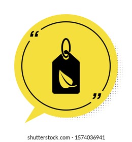 Black Tag with leaf symbol icon isolated on white background. Banner, label, tag, logo, sticker for eco green. Yellow speech bubble symbol. Vector Illustration