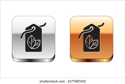 Black Tag with leaf symbol icon isolated on white background. Banner, label, tag, logo, sticker for eco green. Silver-gold square button. Vector Illustration