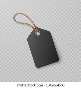 Black tag with rope isolated on transparent background. Cardboard label, paper sale or discount sticker. Vector 3d blank price, promo offer mockup