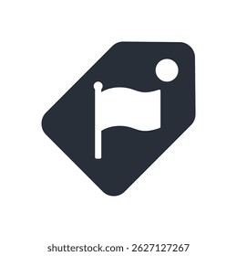 Black tag with white flag icon in flat style.
