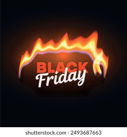 A black tag with white stitching and the words Black Friday in red letters is set against a black background. Flames in shades of orange, yellow, and blue surround the tag.