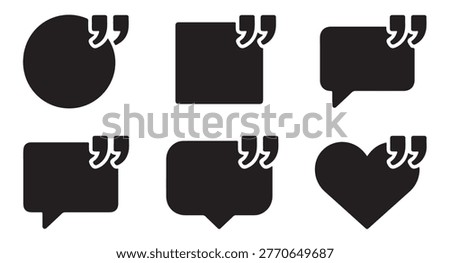 Black talk bubbles and heart shape with quote icons. Decorative frames for reviews testimonials and social media.