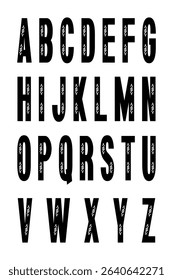 Black tall alphabet with grunge cutout style. Perfect for vintage posters, retro branding, and editorial layouts.