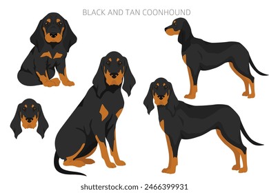 Black and tan coonhound clipart. Different coat colors and poses set.  Vector illustration