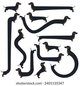 Black and Tan sausage dogs dachshund illustrations. Various stretched extra long dogs