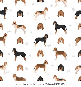 Black and tan Virginia Foxhound seamless pattern. Different coat colors and poses set.  Vector illustration