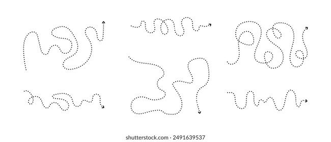 Black tangled dotted arrow set. Doodle scribble elements. Dashed chaotic arrows to create stylish and trendy design or decor, direction indication. Decorative vector arrow isolated on white background