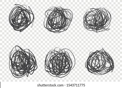 Black tangled knots vector illustrations set. Circle shaped ink brush strokes, grunge scribbles pack. Cluttered drawings isolated on transparent background. Chaotic round scrawls collection