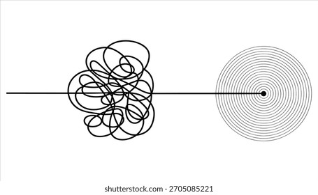 Linha emaranhada preta transformando-se em círculos concêntricos no fundo branco caótico bagunçado
