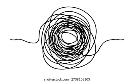 Linhas de rabisco emaranhadas pretas formando um padrão circular caótico sobre um fundo branco abstrato