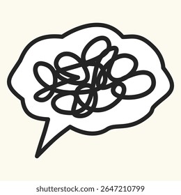 Rabisco emaranhado preto na bolha da fala, simbolizando pensamentos esmagadores e caos mental. Perfeito para visuais de terapia, comunicação emocional e educação em saúde mental.