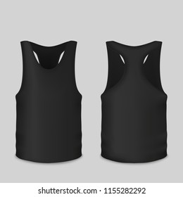 Black tank vector illustration of T-shirt 3d realistic model for branding. Isolated template of sleeveless sport vest or casual gym wear of man and woman top for print design