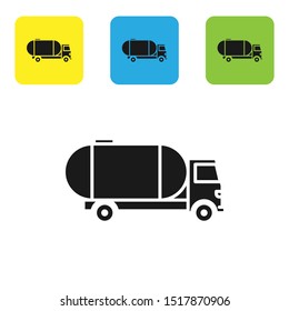 Black Tanker truck icon isolated on white background. Petroleum tanker, petrol truck, cistern, oil trailer. Set icons colorful square buttons. Vector Illustration