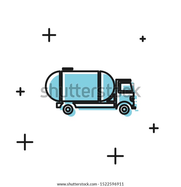 Black Tanker truck icon isolated on white\
background. Petroleum tanker, petrol truck, cistern, oil trailer. \
Vector Illustration