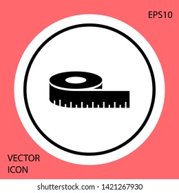 Black Tape measure icon isolated on red background. Measuring tape. White circle button. Vector Illustration