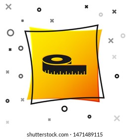 Black Tape measure icon isolated on white background. Measuring tape. Yellow square button. Vector Illustration