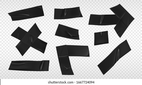 Black tape set. Realistic black adhesive tape pieces for fixing isolated on transparent background. Realistic 3d vector illustration