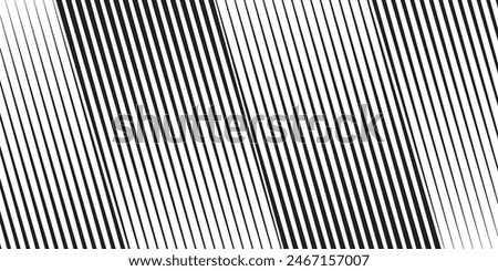 Black tapering diagonal lines on white background. Tilted parallel stripes print. Oblique straight strips with gradient or halftone effect. Slanted streaks wallpaper. Vector graphic illustration.