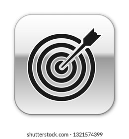 Black Target with arrow icon isolated on white background. Dart board sign. Archery board icon. Dartboard sign. Business goal concept. Silver square button. Vector Illustration