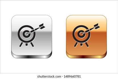 Black Target with arrow icon isolated on white background. Dart board sign. Archery board icon. Dartboard sign. Business goal concept. Silver-gold square button. Vector Illustration