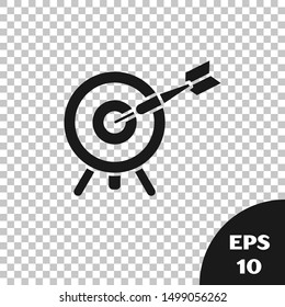 Black Target with arrow icon isolated on transparent background. Dart board sign. Archery board icon. Dartboard sign. Business goal concept.  Vector Illustration