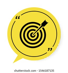 Black Target with arrow icon isolated on white background. Dart board sign. Archery board icon. Dartboard sign. Business goal concept. Yellow speech bubble symbol. Vector Illustration