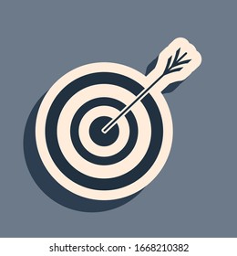 Black Target with arrow icon isolated on grey background. Dart board sign. Archery board icon. Dartboard sign. Business goal concept. Long shadow style. Vector Illustration