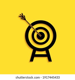 Black Target with arrow icon isolated on yellow background. Dart board sign. Archery board icon. Dartboard sign. Business goal concept. Long shadow style. Vector.