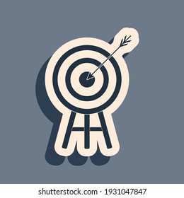 Black Target with arrow icon isolated on grey background. Dart board sign. Archery board icon. Dartboard sign. Business goal concept. Long shadow style. Vector Illustration