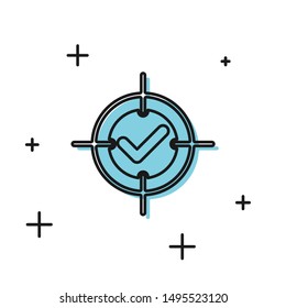 Black Target and check mark icon isolated on white background. Dart board sign. Archery board icon. Dartboard sign. Business goal concept.  Vector Illustration