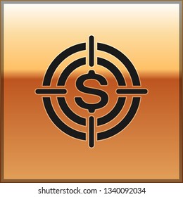 Black Target with dollar symbol icon isolated on gold background. Investment target icon. Successful business concept. Cash or Money sign. Vector Illustration