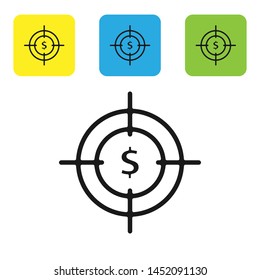Black Target with dollar symbol icon isolated on white background. Investment target icon. Successful business concept. Cash or Money sign. Set icons colorful square buttons. Vector Illustration