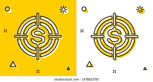 Black Target with dollar symbol icon isolated on yellow and white background. Investment target icon. Successful business concept. Cash or Money sign. Random dynamic shapes. Vector Illustration