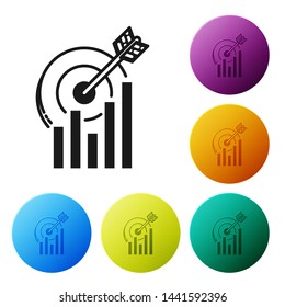 Black Target with graph chart icon isolated on white background. Report text file icon. Accounting sign. Audit, analysis, planning. Set icons colorful circle buttons. Vector Illustration