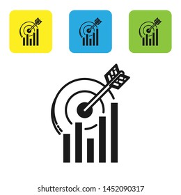 Black Target with graph chart icon isolated on white background. Report text file icon. Accounting sign. Audit, analysis, planning. Set icons colorful square buttons. Vector Illustration