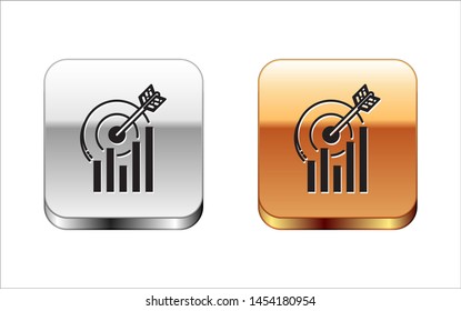 Black Target with graph chart icon isolated on white background. Report text file icon. Accounting sign. Audit, analysis, planning. Silver-gold square button. Vector Illustration