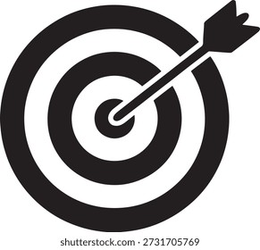 Icono de blanco negro con una flecha que golpea el centro directamente sobre un fondo blanco que simboliza la precisión y la precisión en el logro de metas y objetivos de manera efectiva.