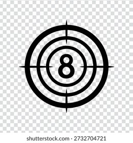 Ein schwarzes Zielsymbol mit konzentrischen Kreisen und einem Fadenkreuz mit der Nummer acht, das in der Mitte hervorgehoben dargestellt ist, auf transparentem Hintergrund mit einem subtilen grauen und weißen Farbtuch