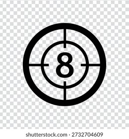 A black target icon featuring a large number eight in the center, set against a transparent background with a subtle grey and white checkerboard pattern, ideal for design and digital projects